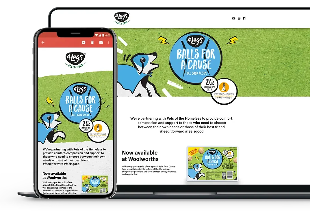 4Legs Pet Food 4legs website desktop and mobile design mockup.