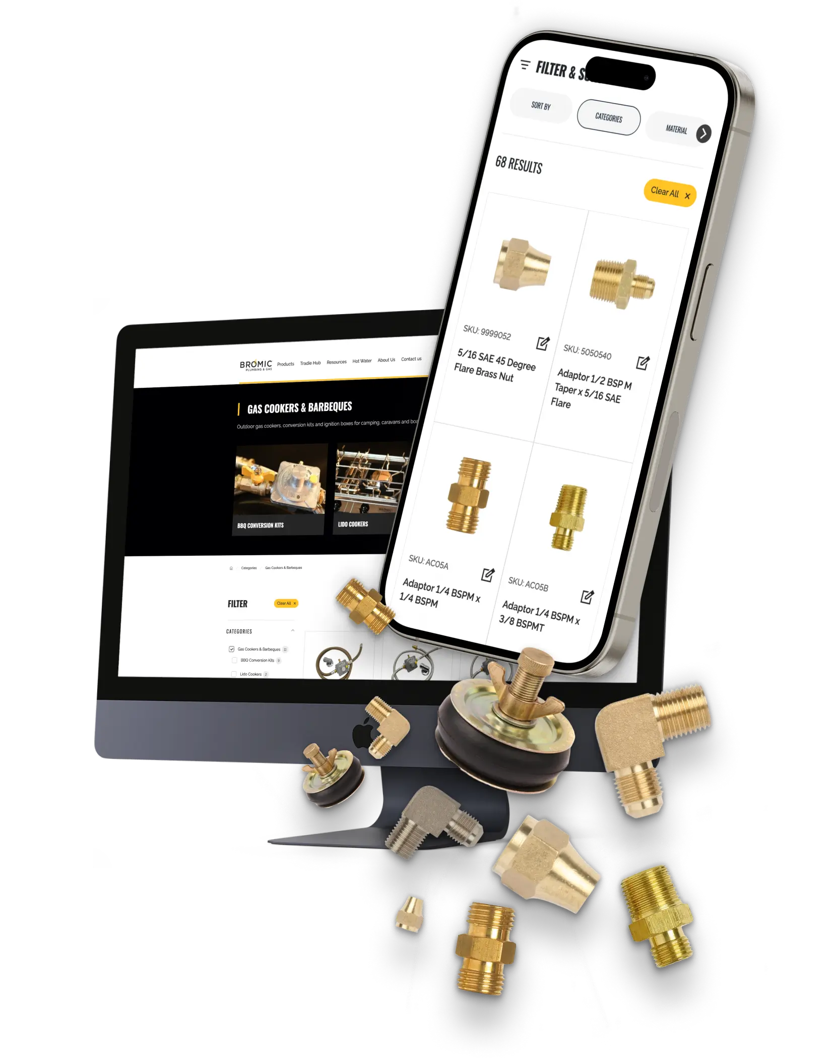 Bromic Plumbing & Gas product category design adaptors on phone.