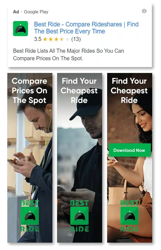 BestRide mobile app on a Google Play advertising placement.