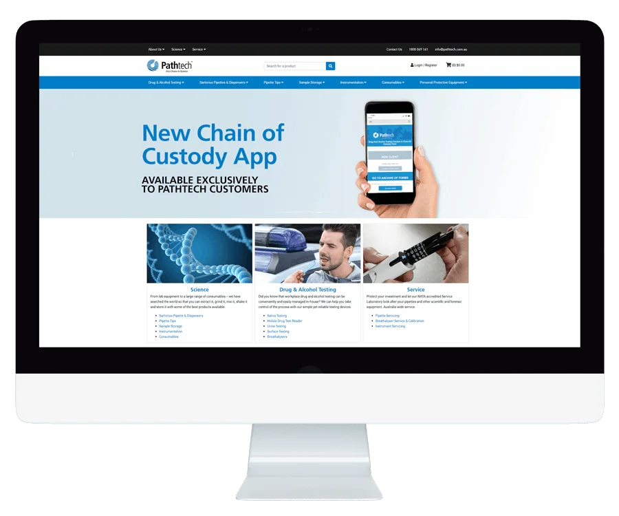 Pathtech website design on an iMac mockup.