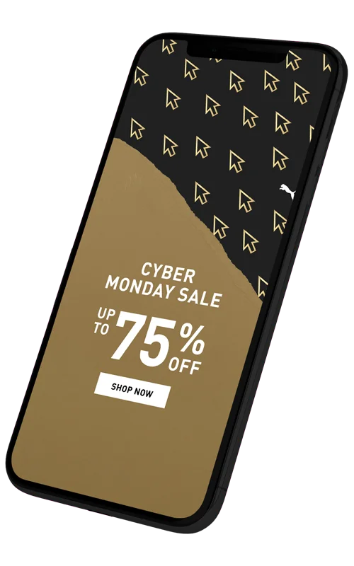 Puma Cyber Monday sale website on a mobile mockup.