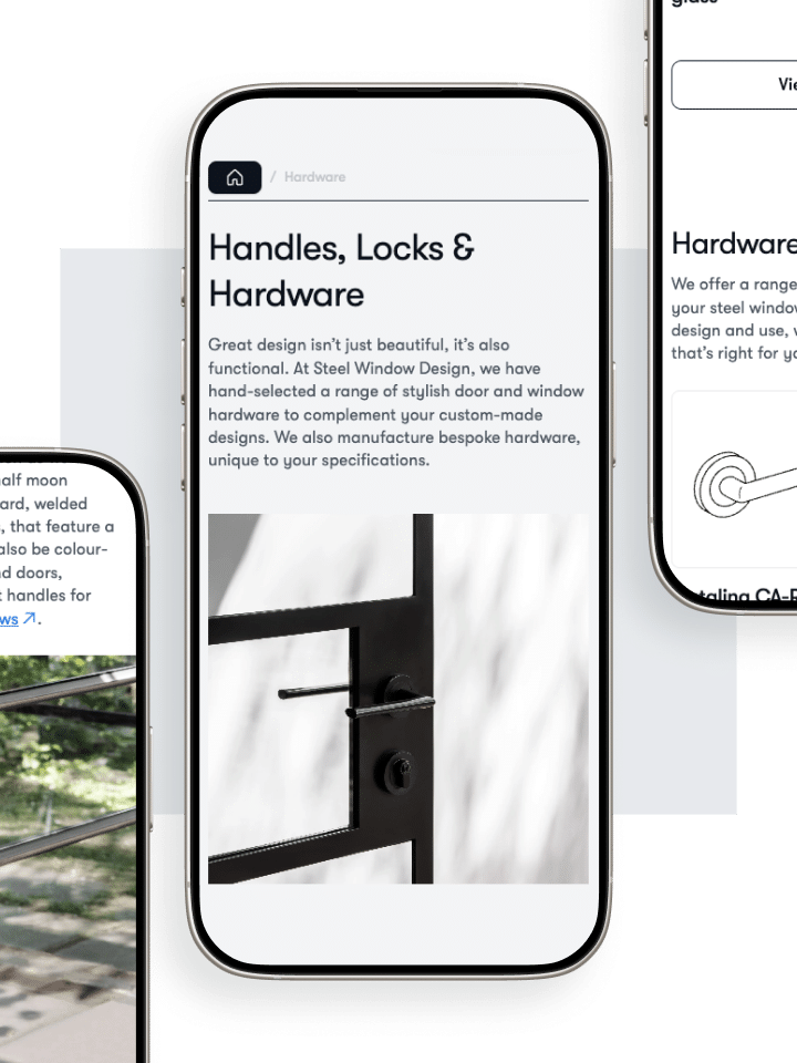 Steel Window Designs website on a mobile screen.