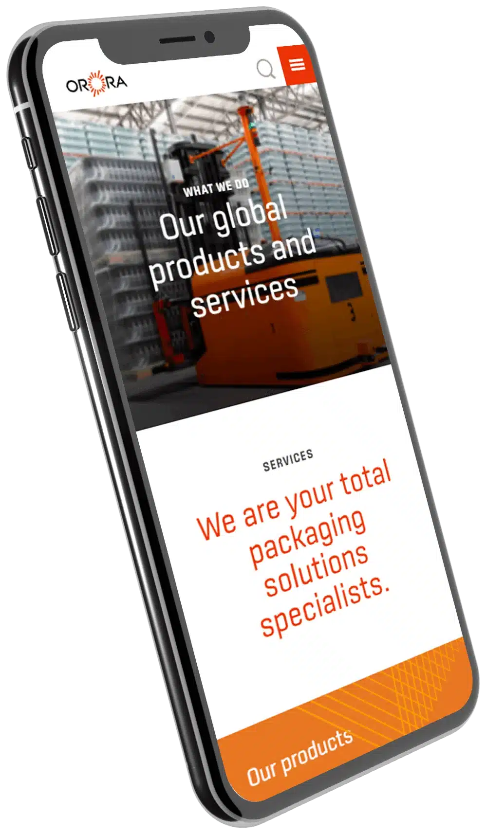 Orora products and services page on a mobile device.