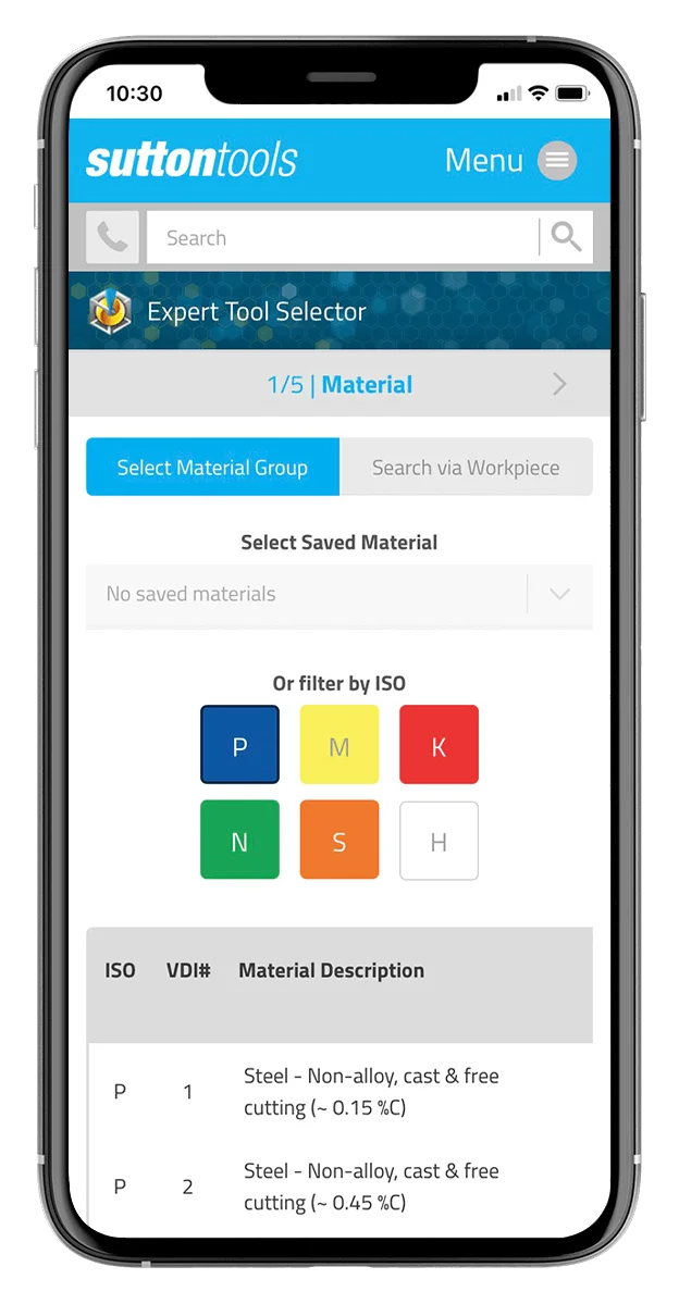 Sutton Tools product variations page on phone.