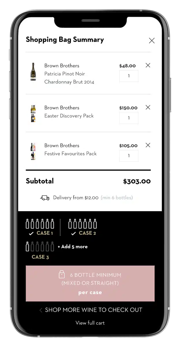Brown Brothers mobile website shopping bag summary.