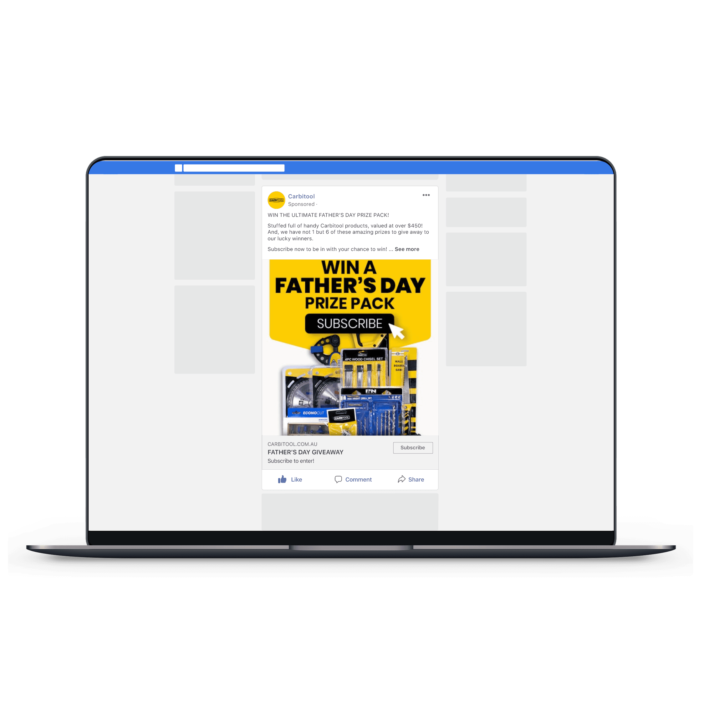 Carbitool facebook advertising on laptop view.