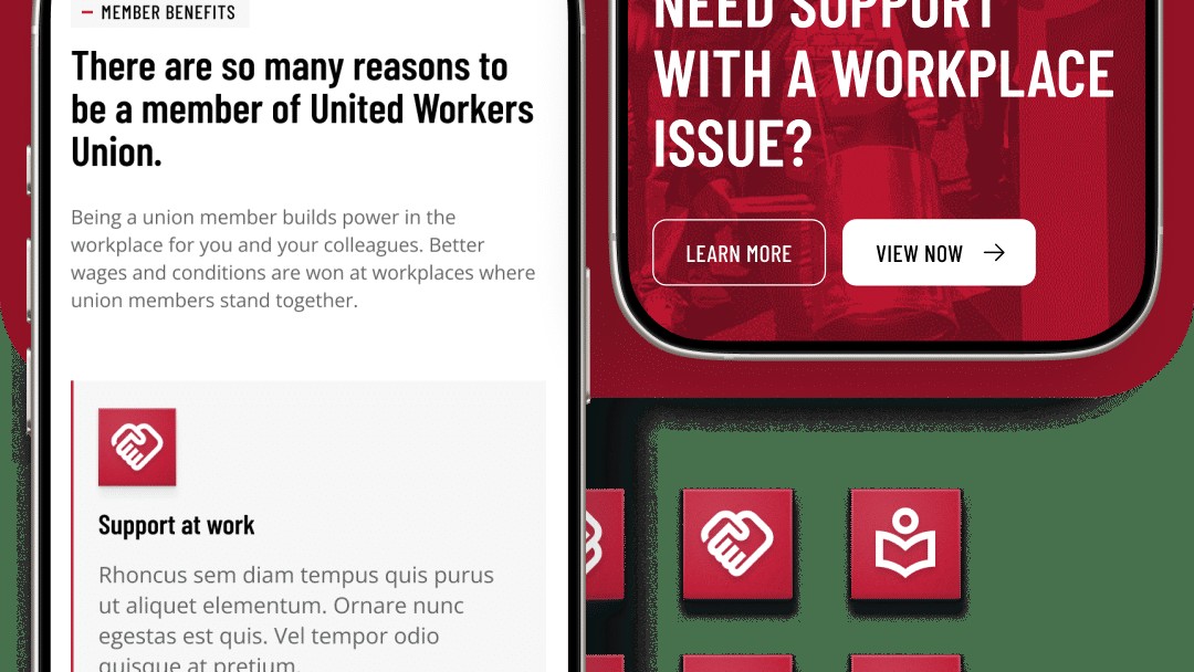 United Workers Union website redesign shown on a mobile screen.