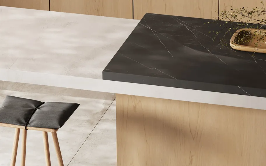 Modern kitchen benchtop and stools.