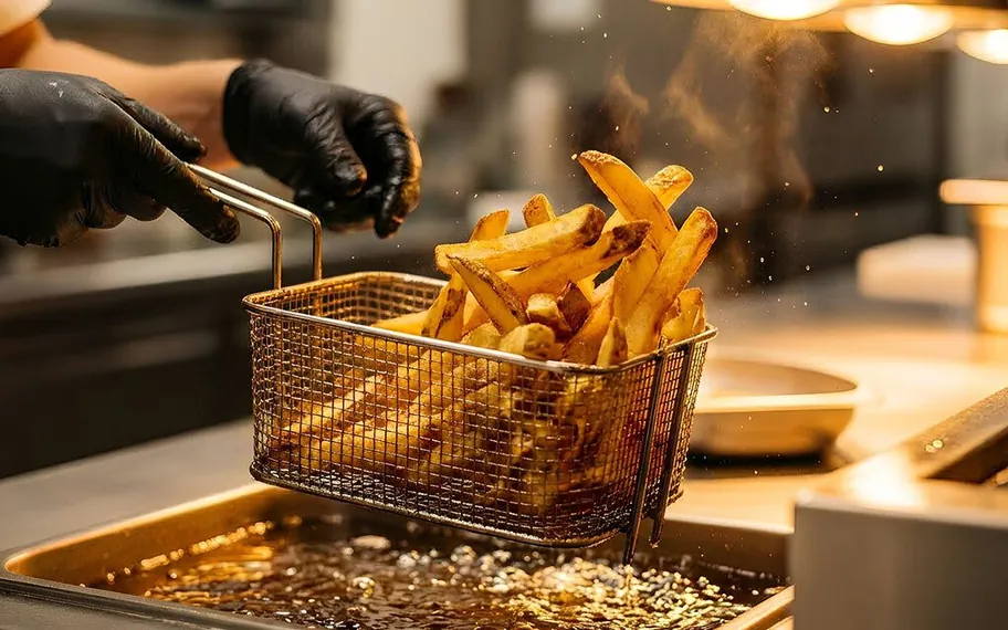 Chef plating fries in a restaurant kitchen.