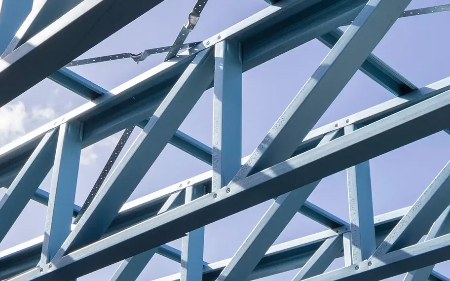 Steel framework viewed from below.