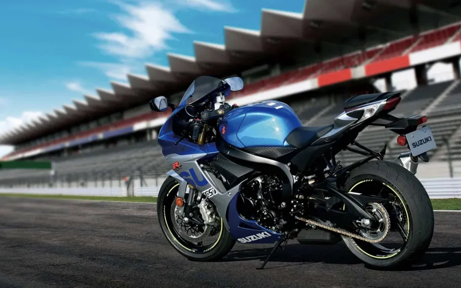 Suzuki motorcycle on a racetrack.