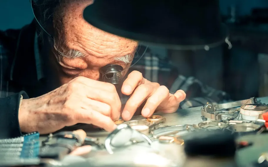 Watchmaker using an eye loupe over watch parts on the bench.