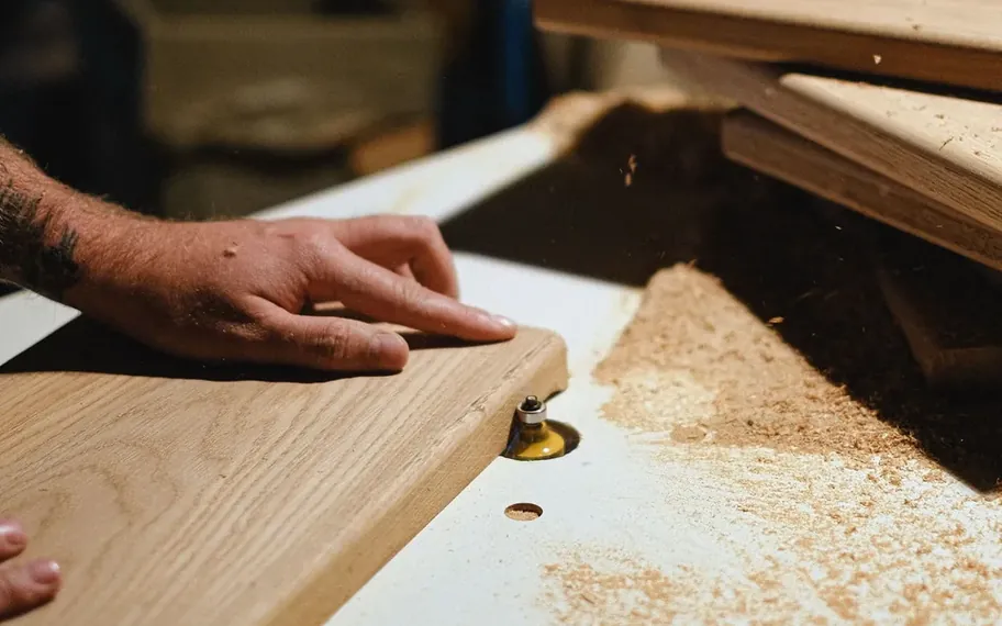 Woodworker using a table saw.