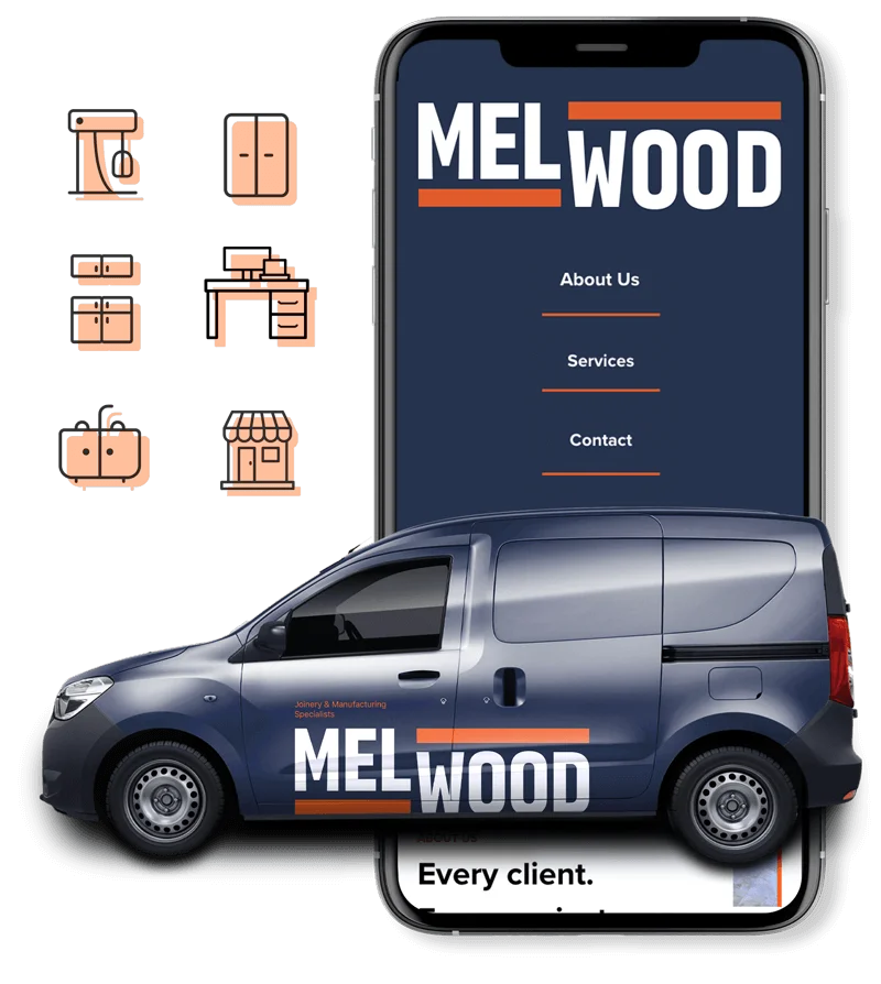 Melwood branding on a car and website header