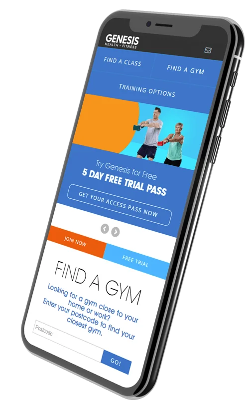 A design mockup for the 'Find a Gym' page on the Genesis Health and Fitness website