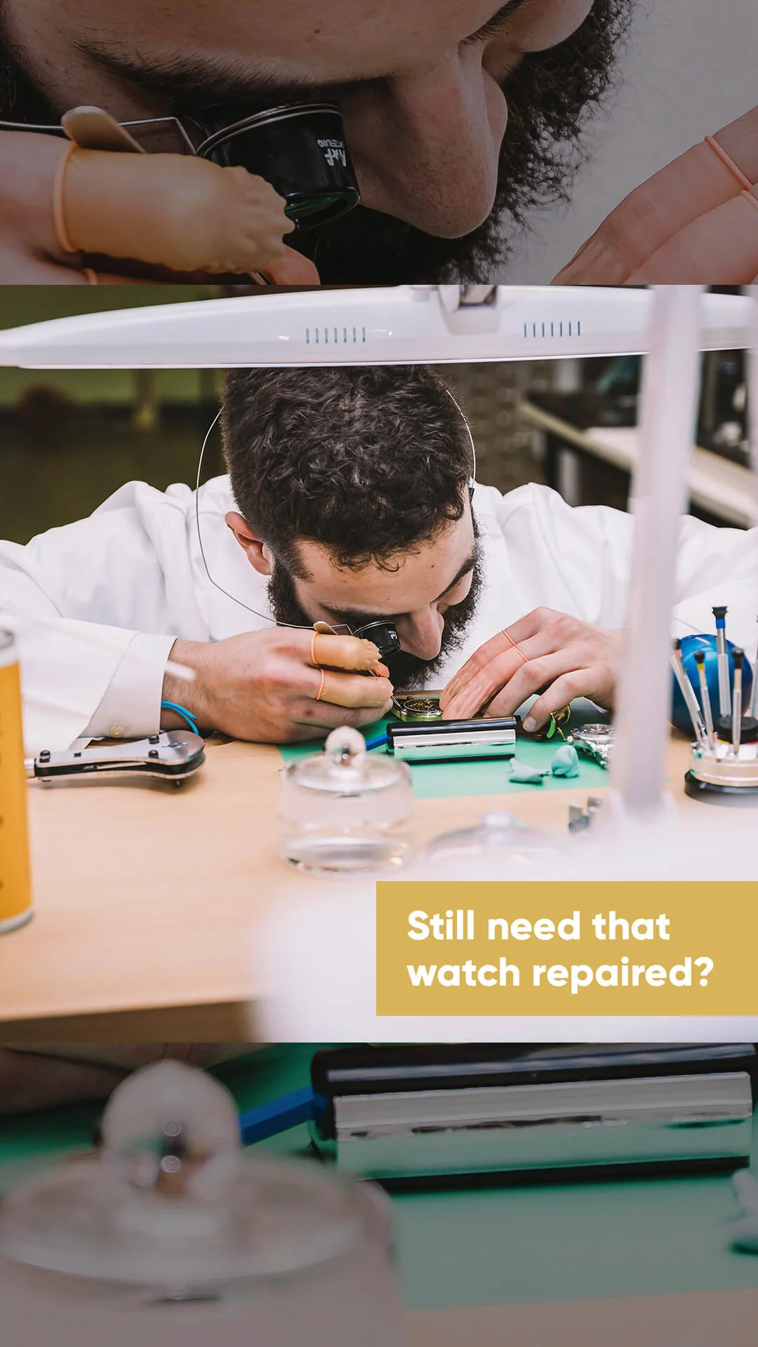 A man is focused on repairing a watch, using specialized tools and equipment