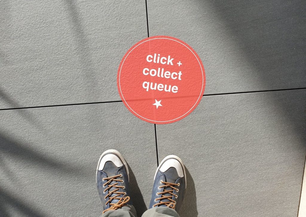 A simple grey floor with a click and collect sticker. If you can't offer next day delivery, what can you offer? We take you through the different types of eCommerce you can offer. 
