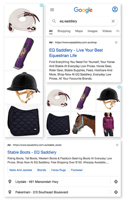 EQ Saddlery Search Engine Results and Advertisement
