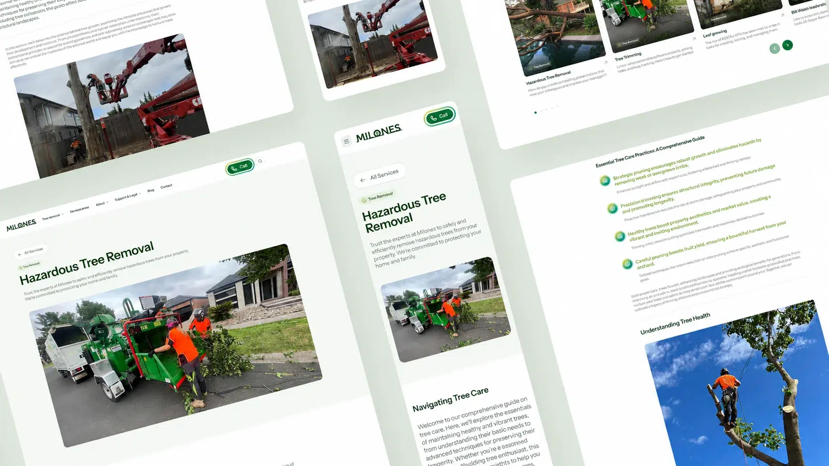 Desktop and mobile layouts from Emote's Milone's Tree Solutions website work.
